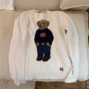Ralph Lauren White Crewneck Sweater with Polo Bear